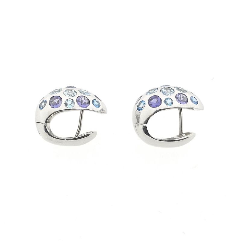 Image 12 of White gold domed stud earrings with aquamarine and amethyst