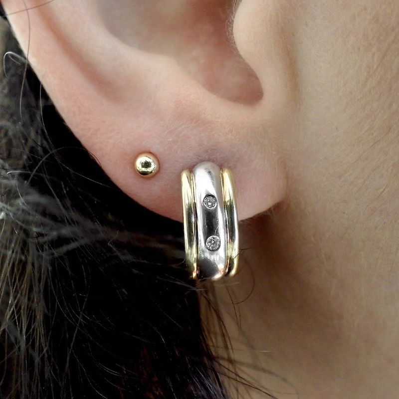 Image 8 of Bicolor gold stud earrings hemisphere | Diamond 0.04 ct.