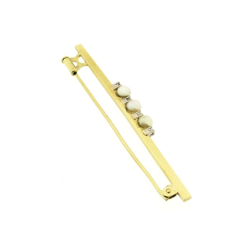 Image 7 of Golden long narrow brooch with pearl and diamonds; 0.10 ct.