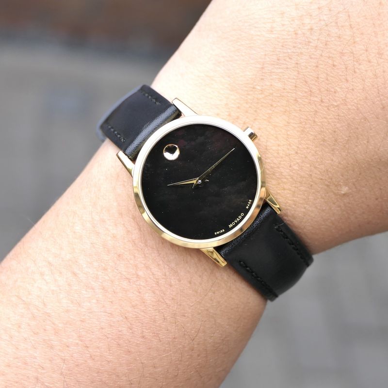 Image 19 of Movado Museum Classic; Gold-plated women's watch with black 'Mother of Pearl' dial; 0607564