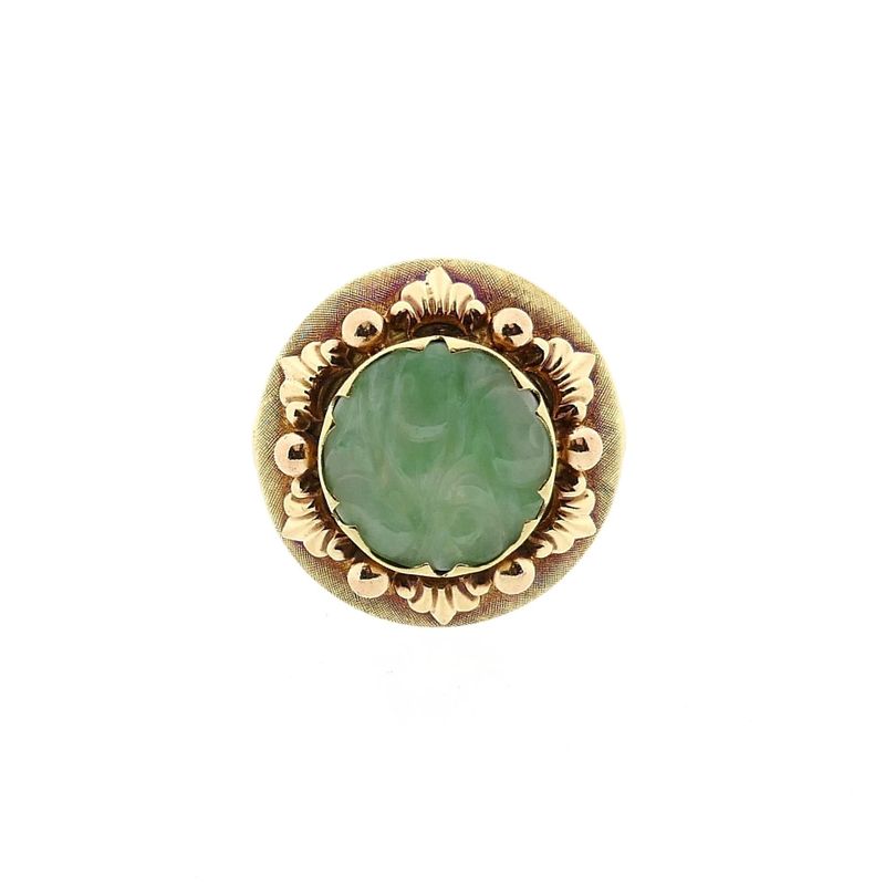 Image 3 of Gold Ring with Carved Jade; 14K; Size 19.5