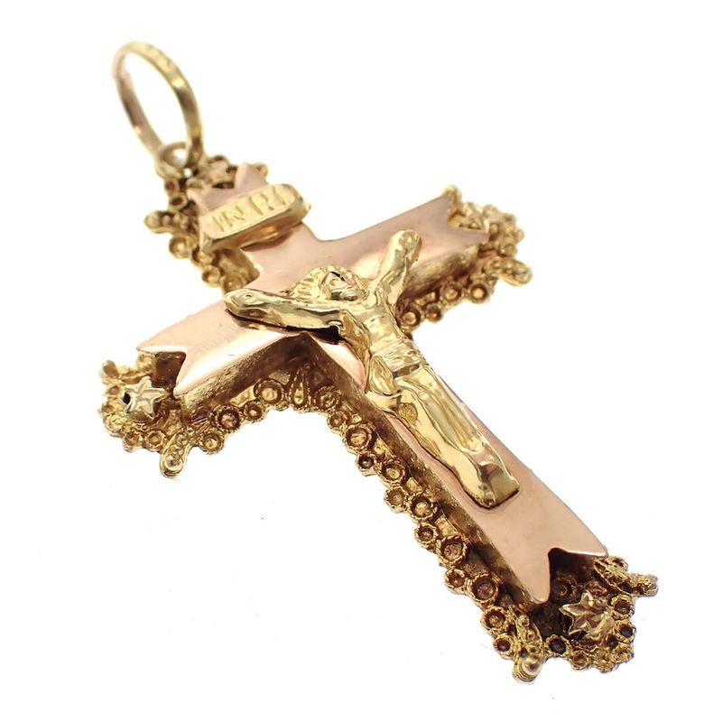 Image 3 of 19th century gold pendant of a cross with corpus INRI; Filigree