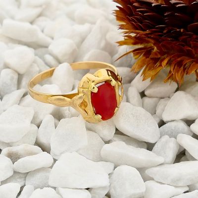 18 Krt. antiek gouden ring met bloedkoraal Afbeelding 2 van 18 Krt. antiek gouden ring met bloedkoraal