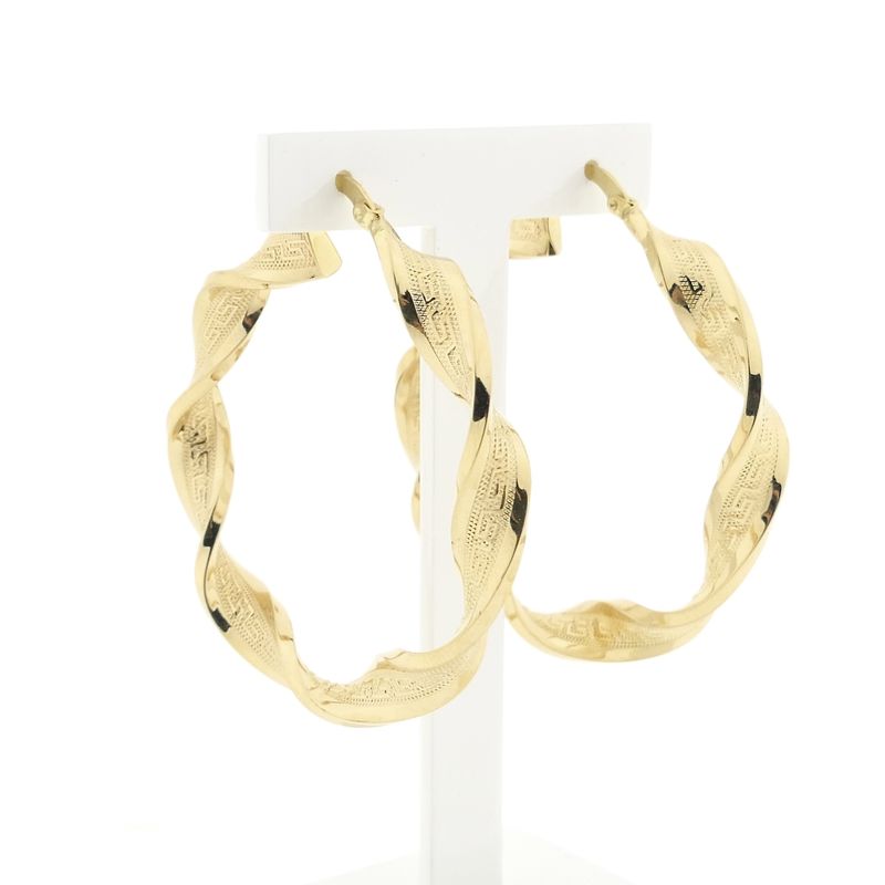 Image 3 of Gold Spiral Hoop Earrings with Greek Symbols; Ø 51 mm