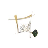 Bicolor Gold Brooch with Green Tourmaline and Diamond; 0.05 ct.; 14 Karat