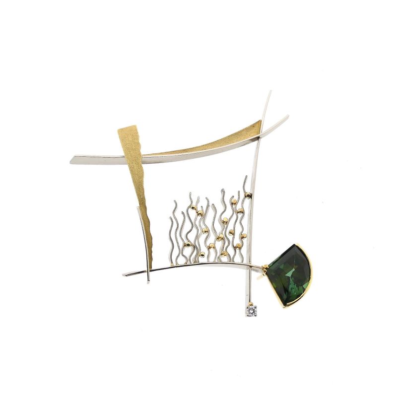 Image 1 of Bicolor Gold Brooch with Green Tourmaline and Diamond; 0.05 ct.; 14 Karat