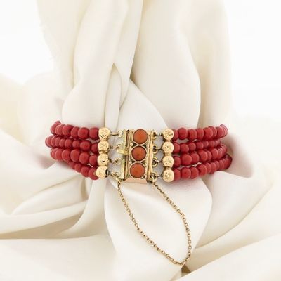 Image 1 of Antique Blood Coral Bead Bracelet with Gold Clasp