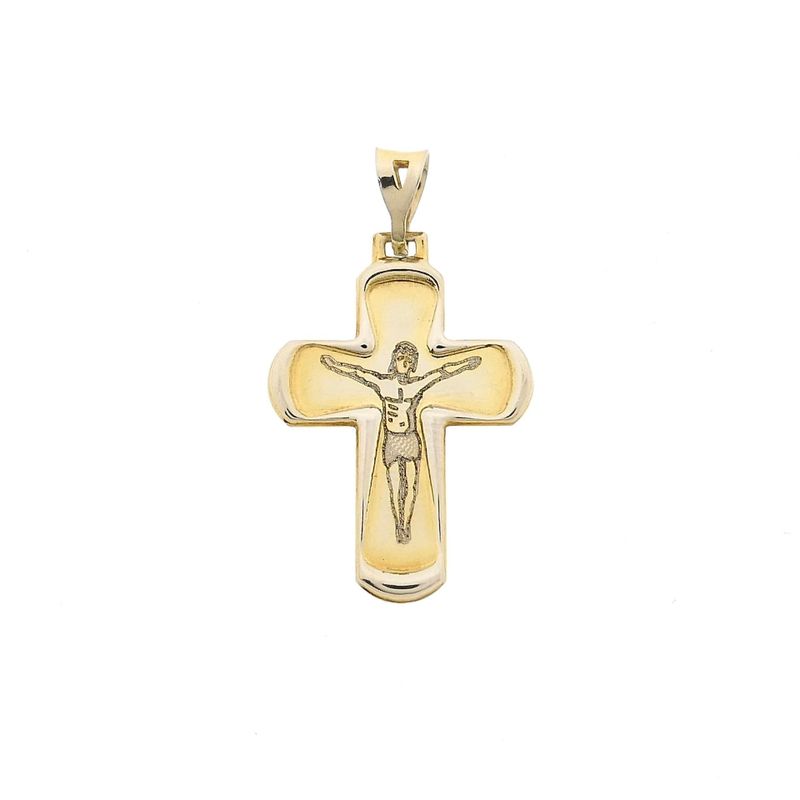 Image 1 of Bicolor Gold Cross Pendant with Engraved Corpus