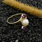 Image 2 of Gold Ring with Cultured Pearl and Ruby; 14K; Size 18.25