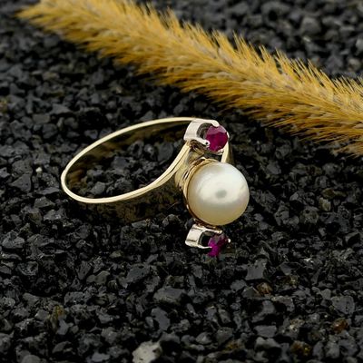 Image 2 of Gold Ring with Cultured Pearl and Ruby; 14K; Size 18.25