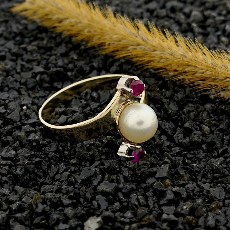 Image 2 of Gold Ring with Cultured Pearl and Ruby; 14K; Size 18.25