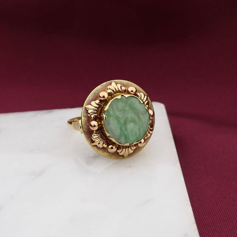 Image 2 of Gold Ring with Carved Jade; 14K; Size 19.5