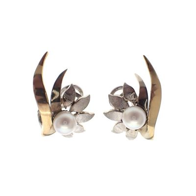 Vintage two-tone gold clip-on earrings with pearls Image 1 of Vintage two-tone gold clip-on earrings with pearls