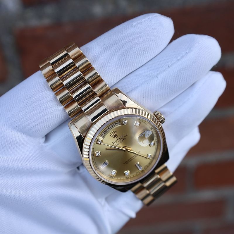 Image 30 of Rolex Day-Date 36mm 'Diamond Dial' 118238; 18k. Gold watch in full set