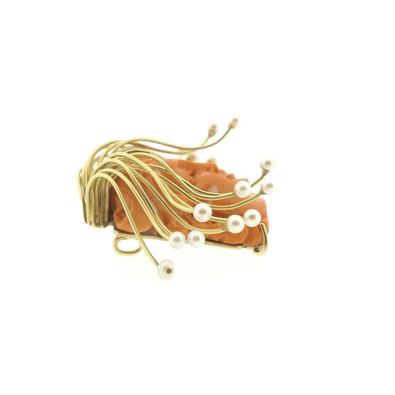 Image 7 of Golden Medusa pendant in blood coral and pearls