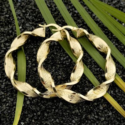 Image 2 of Gold Spiral Hoop Earrings with Greek Symbols; Ø 51 mm