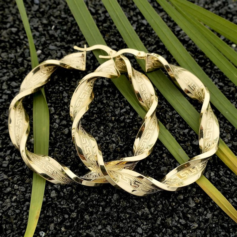 Image 2 of Gold Spiral Hoop Earrings with Greek Symbols; Ø 51 mm