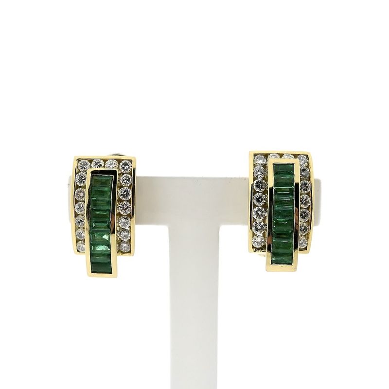 Image 1 of Gold stud earrings with emerald and diamonds; 1.92 ct.