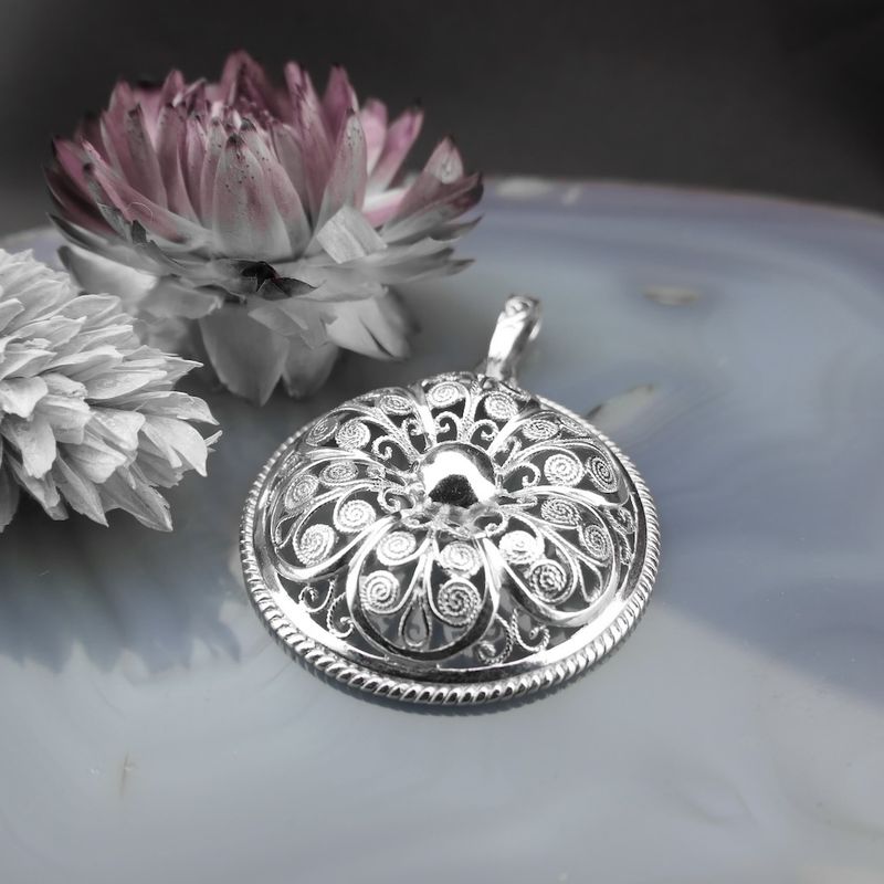 Image 2 of Antique silver floral pendant; filigree technique