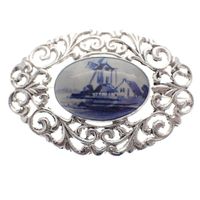 Silver old Dutch brooch with Delft blue