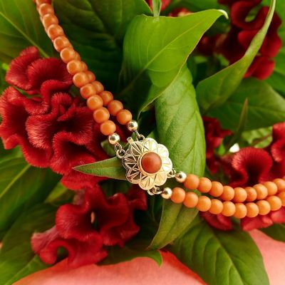 Image 2 of Antique blood coral bead necklace with gold decorative clasp | 43 cm