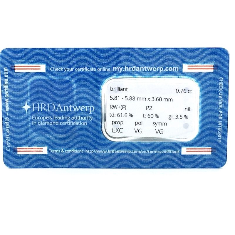 Image 2 of 0.76 ct brilliant cut diamond F P2 - HRD Certificate