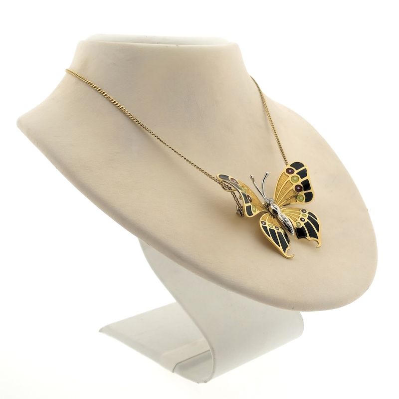 Image 10 of Two-tone gold brooch/pendant of a butterfly with enamel and diamond; 0.04 ct.