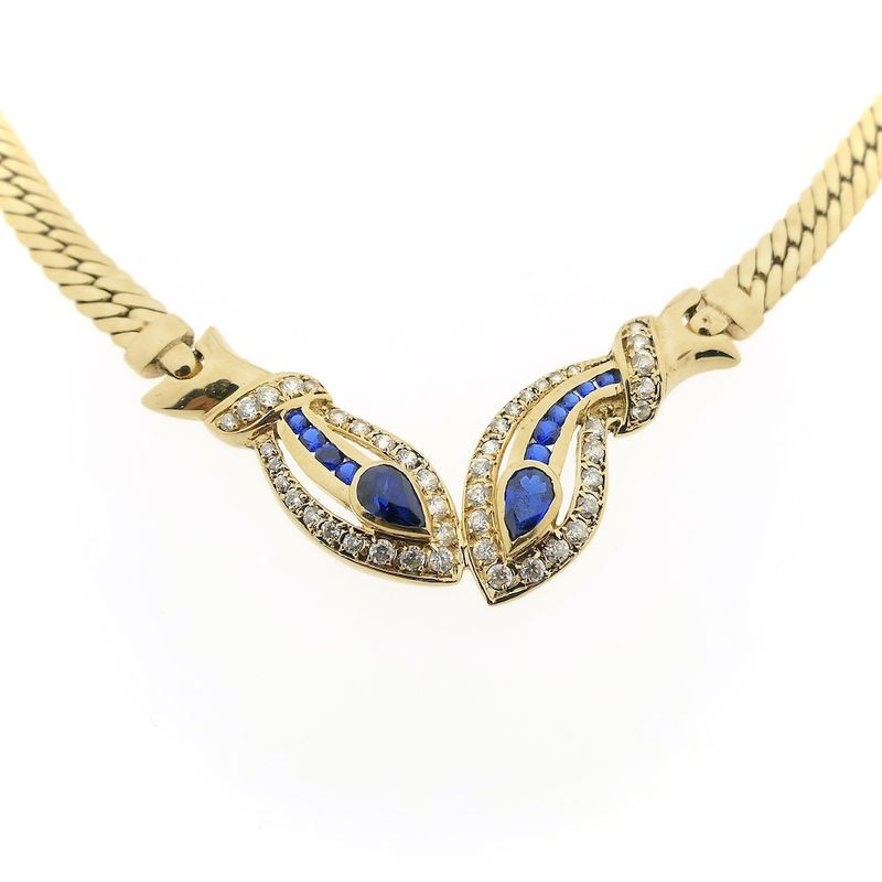 Image 4 of Gold flat gourmet link necklace with synthetic sapphire and zirconia