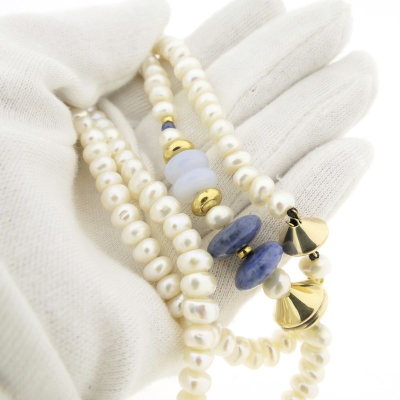 Image 8 of Gold baroque pearl necklace with chalcedony and sodalite; Schoeffel