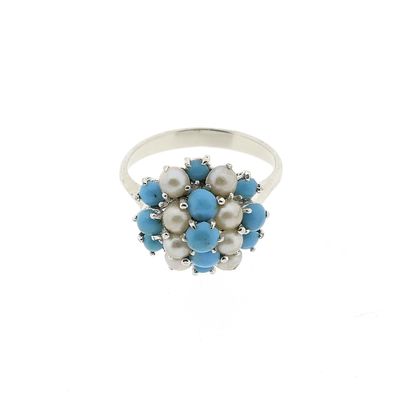 White gold entourage ring with baroque pearl and turquoise Image 2 of White gold entourage ring with baroque pearl and turquoise