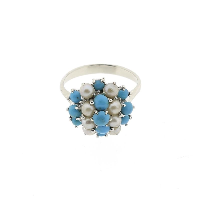 Image 2 of White gold entourage ring with baroque pearl and turquoise