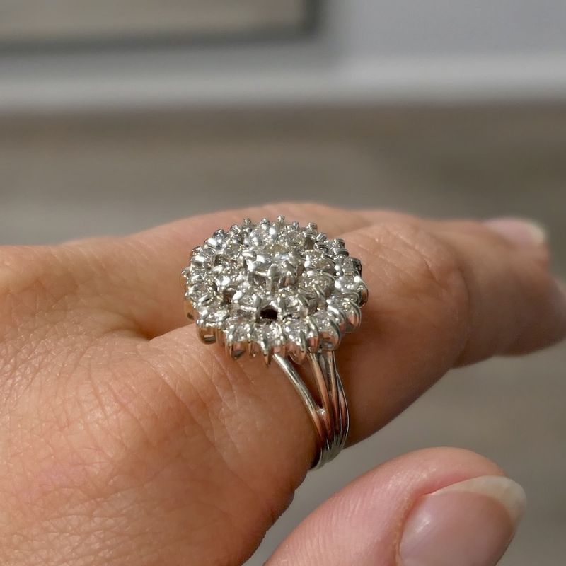 Image 2 of Antique white gold entourage ring with diamonds; 1.29 ct.