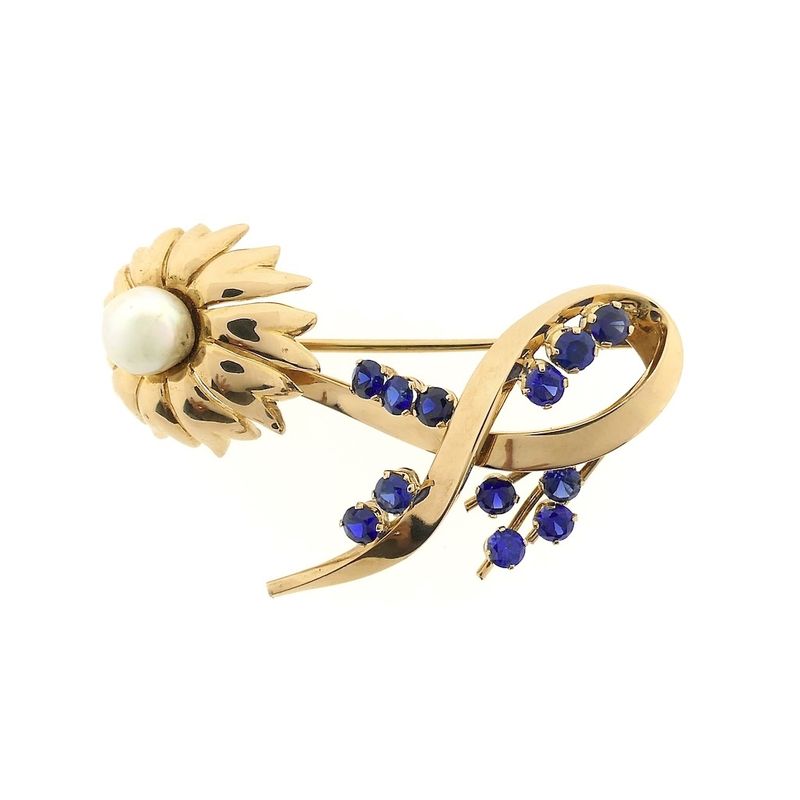Image 1 of Vintage gold brooch with pearl and sapphires