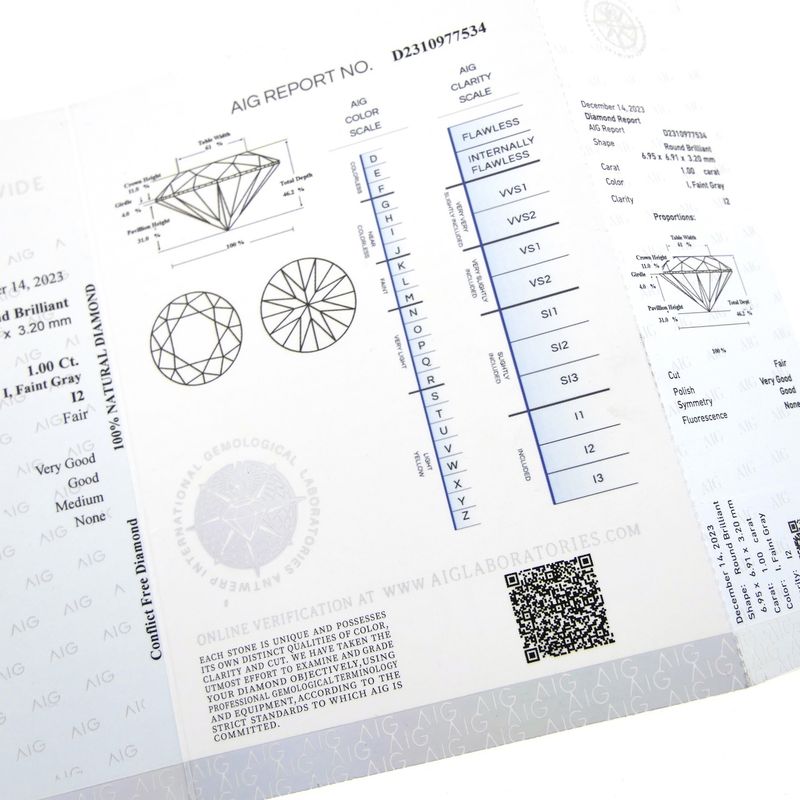 Image 2 of 1.00 ct. Brilliant cut diamond; Color I; Quality I2 + AIG Certificate