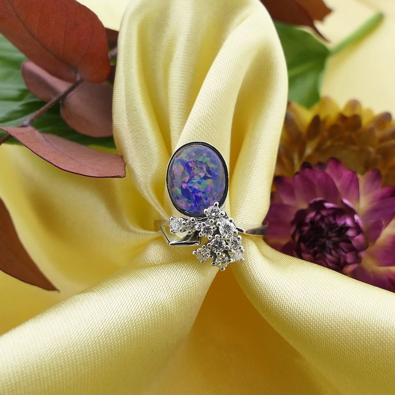 Image 8 of White gold cocktail ring with diamond and triplet opal
