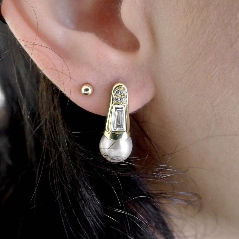 Image 5 of 18 carat gold stud earrings with cultured pearl and 0.18 ct diamond.
