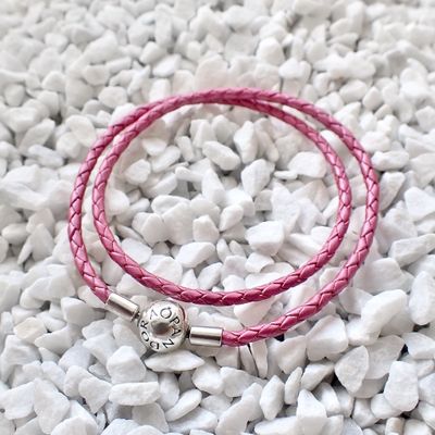 Image 2 of Pandora Moments double-woven dark pink leather bracelet; Silver; Ø 60 mm