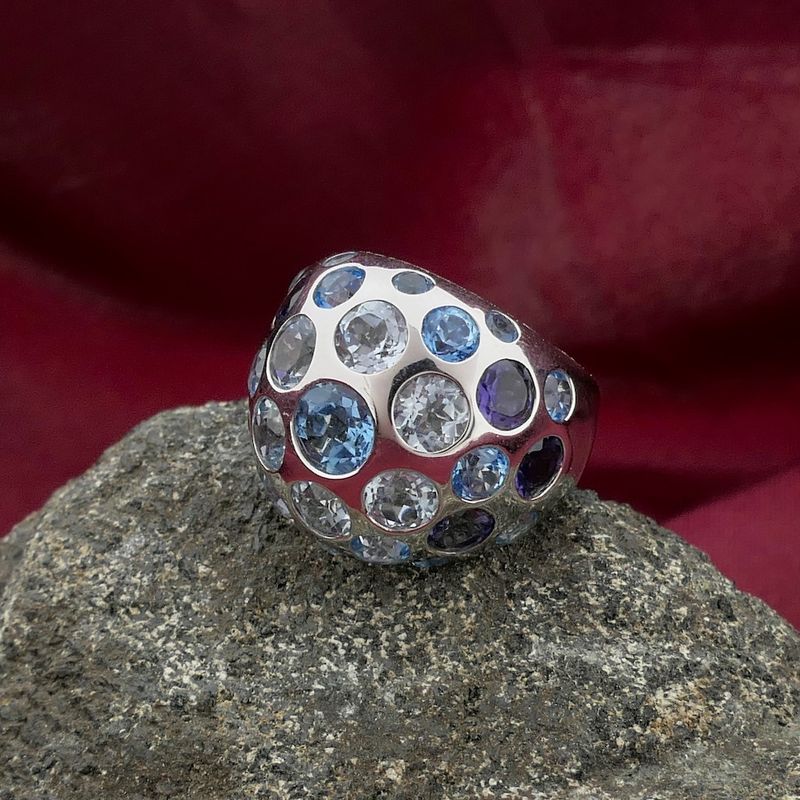 Image 1 of White gold domed ring with aquamarine and amethyst