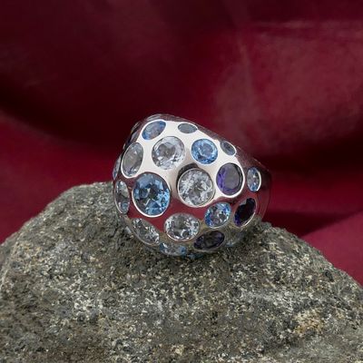 White gold domed ring with aquamarine and amethyst Image 1 of White gold domed ring with aquamarine and amethyst