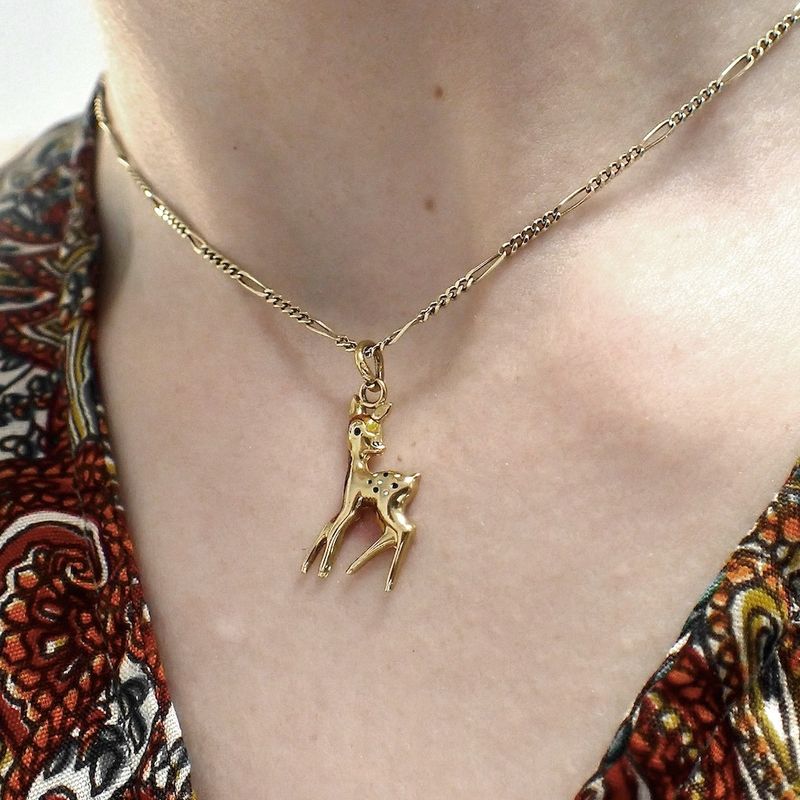 Image 6 of 18K Gold Pendant of a Young Deer with Enamel