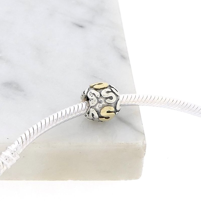 Image 2 of Pandora charm; Silver with gold; Letter S