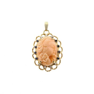 Antique gold pendant with cameo, sapphire and diamonds; 0.21 ct. Image 1 of Antique gold pendant with cameo, sapphire and diamonds; 0.21 ct.