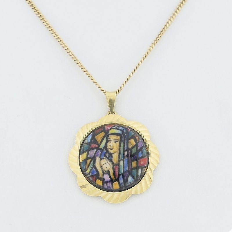Image 6 of Gold vintage pendant of Mary and Jesus with colored enamel.
