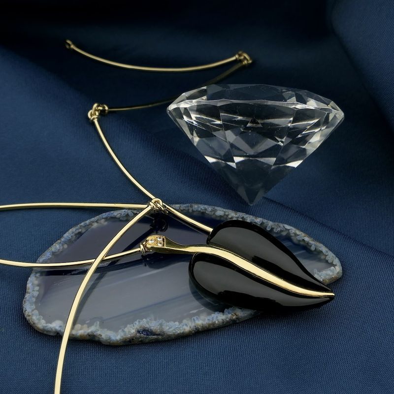 Image 2 of Gold necklace with onyx and diamonds; 0.03 ct.