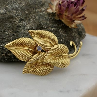Image 2 of Gold brooch of leaves with sapphire