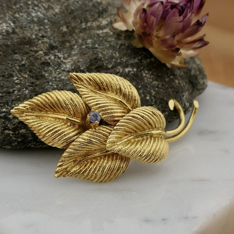 Image 2 of Gold brooch of leaves with sapphire