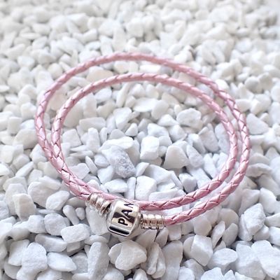 Image 2 of Pandora Moments double-woven pink leather bracelet; Silver; | Ø 64 mm