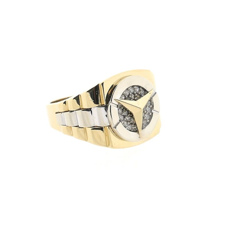Image 4 of Bicolor Gold Mercedes Benz Men's Ring with Zirconia