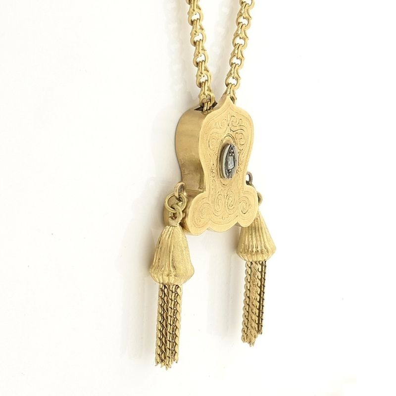 Image 3 of Antique gold sliding chain with tassels and diamond; approx. 0.05 ct.