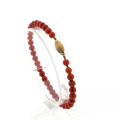 Image 1 of Blood coral bead bracelet with gold clasp